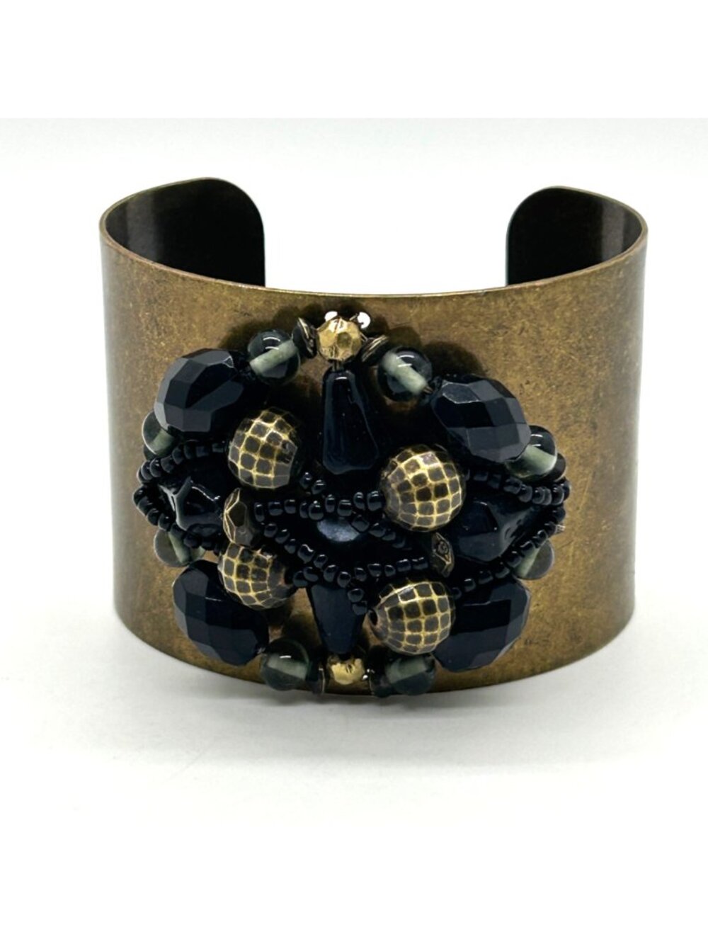 Vintage Brass Wide Cuff Bracelet Black Gold Beaded Cluster Boho Statement - Picture 2 of 11